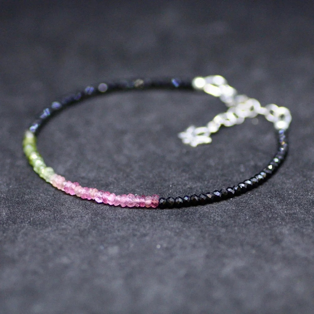 New Natural Black Spinel | Watermelon Tourmaline Bracelet Sterling Silver - Picture 3 of 6